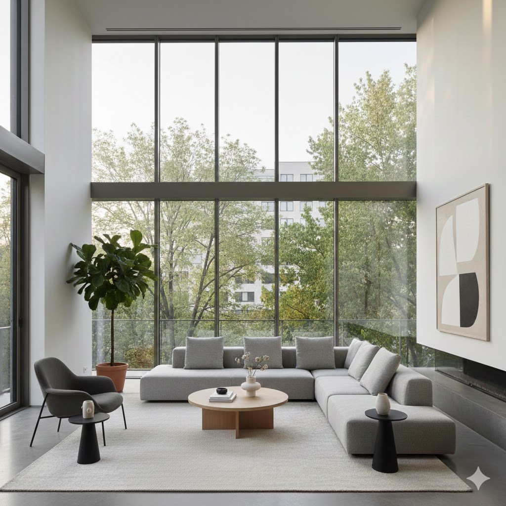 Interior moderno de una sala de estar de lujo con grandes ventanales y luz natural